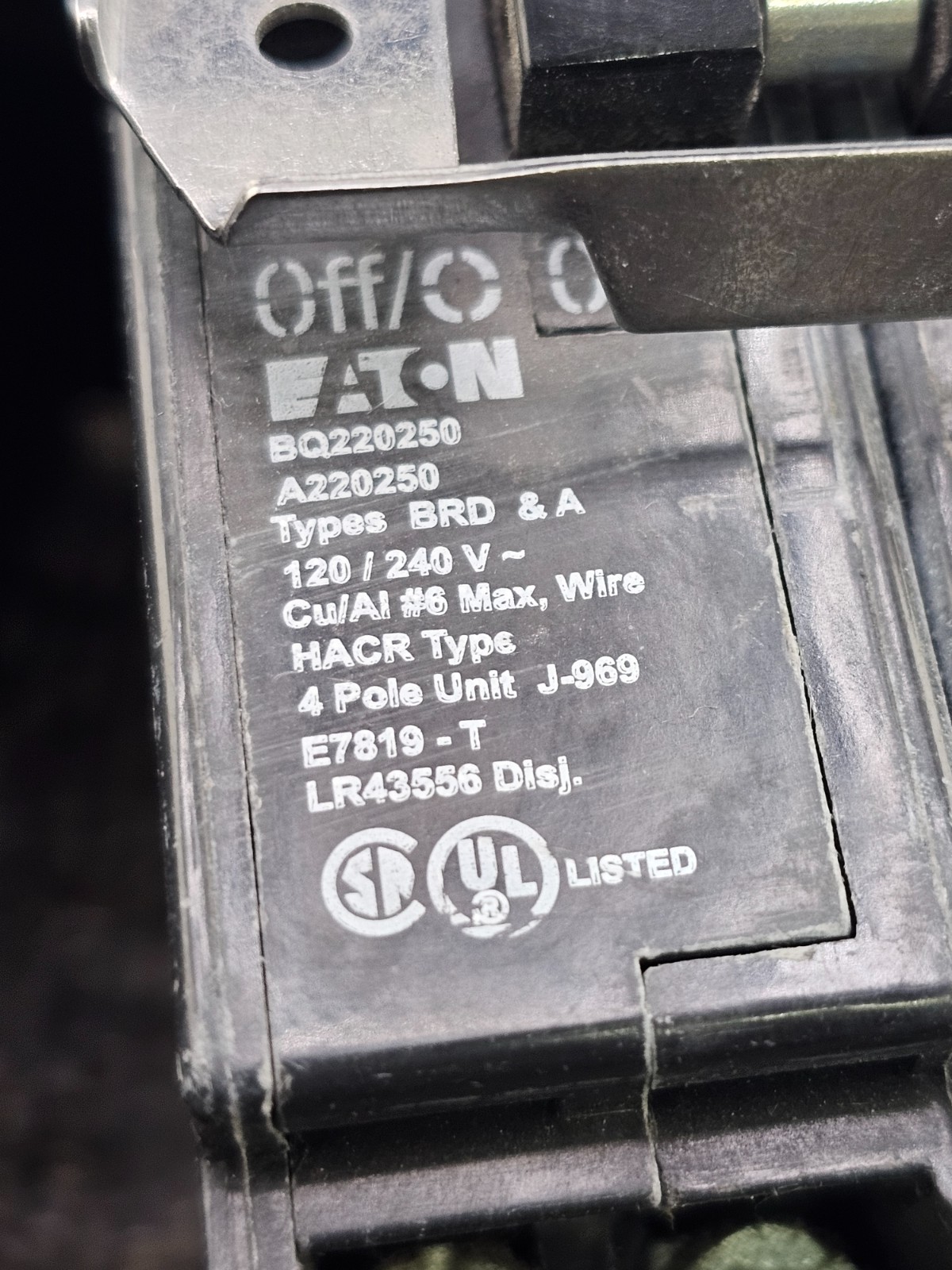 Eaton BQ220250: Cutler-Hammer Type BR 20A/50A 4-Pole Quad Circuit Breaker
