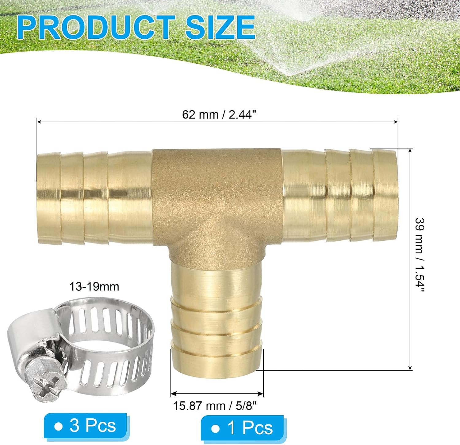 PATIKIL 5/8″ Brass Tee Hose Barb Fitting, 3 Ways Union Intersection T Shape Barb