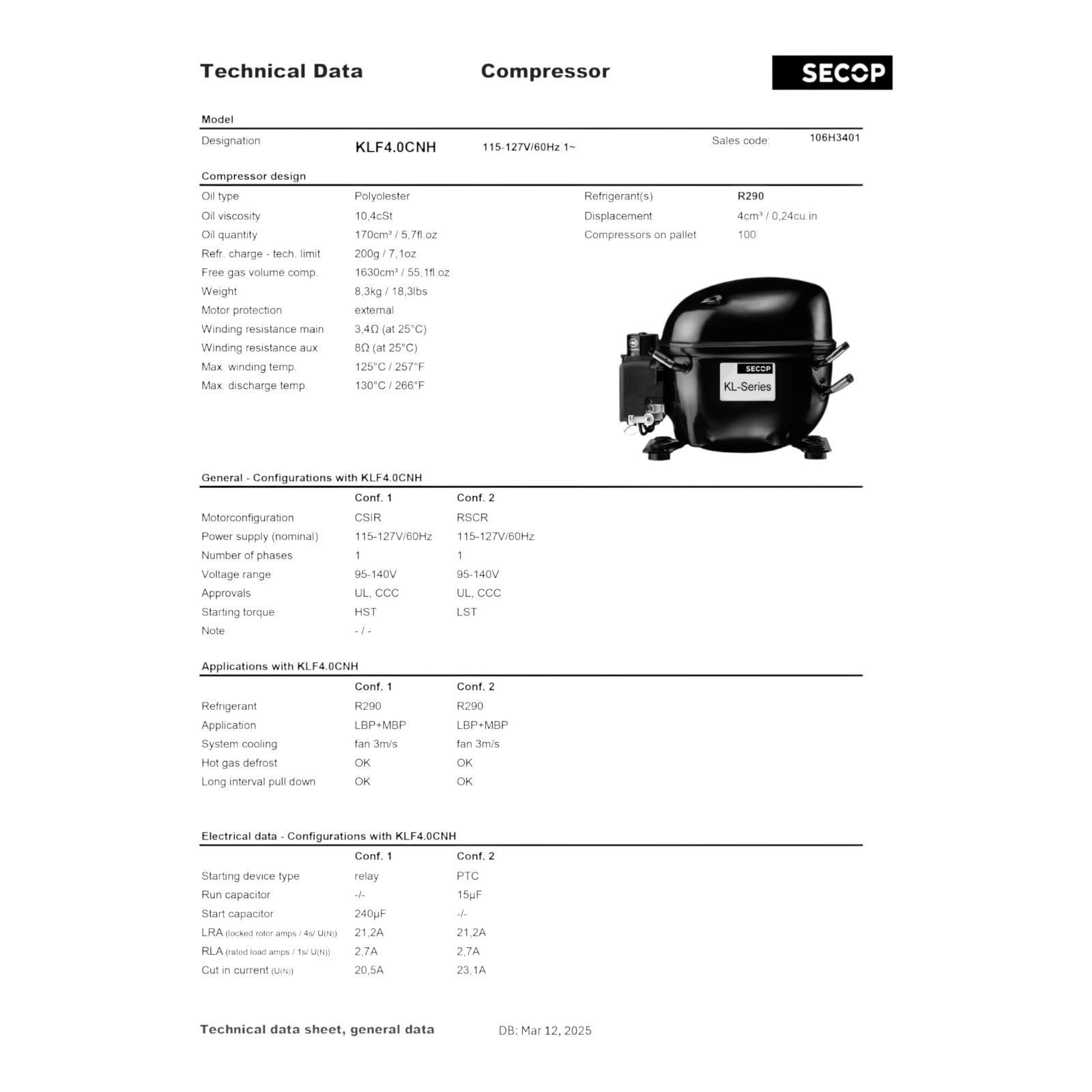 Secop KLF4.0CNH R290 Refrigeration Compressor 1429 BTU MBP 115V 60 Hz
