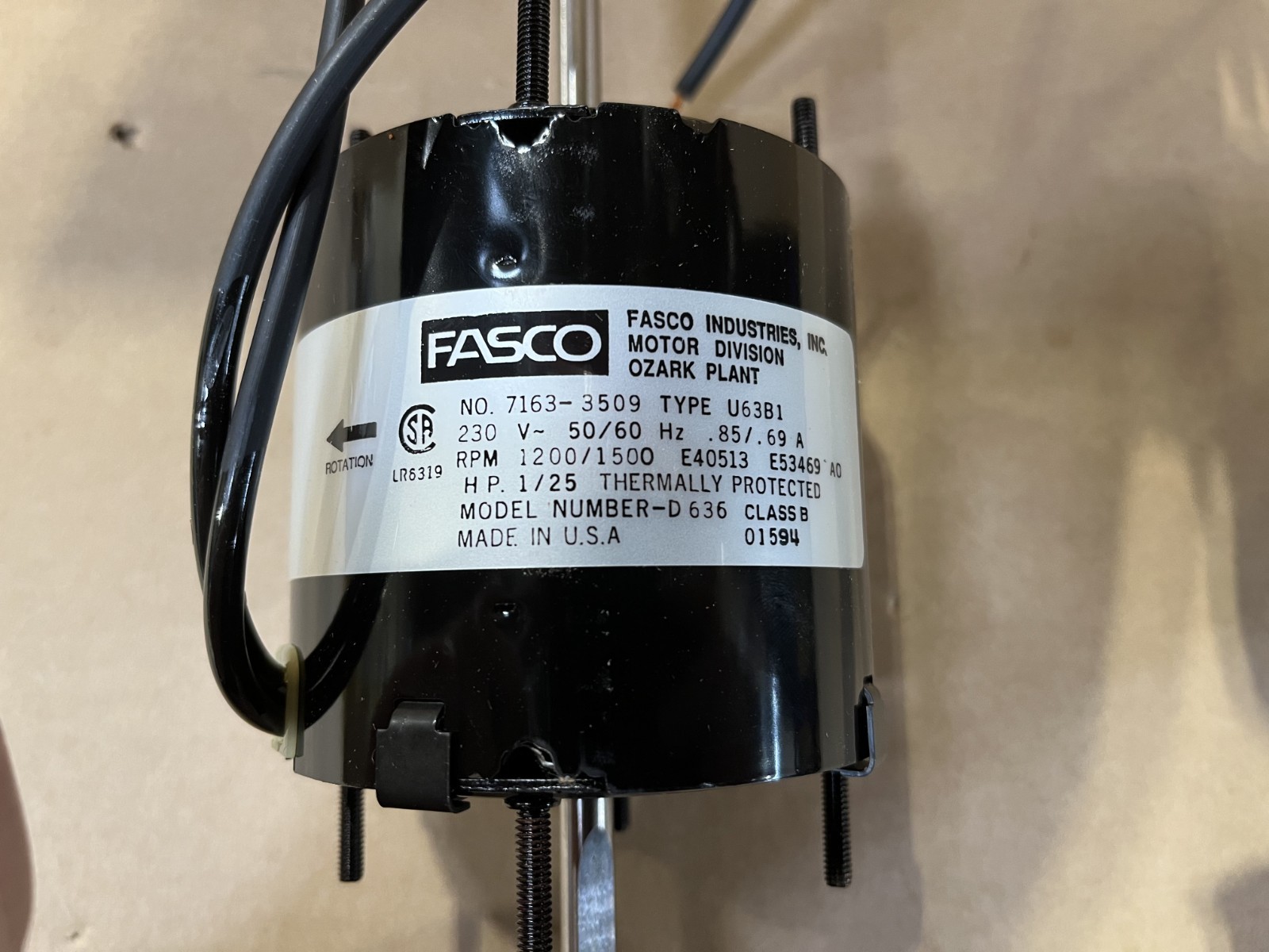 Fasco D636 Shaded Pole Motor 1/25 HP 1500 RPM 230 Volt .85-.69 Amps 50-60HZ