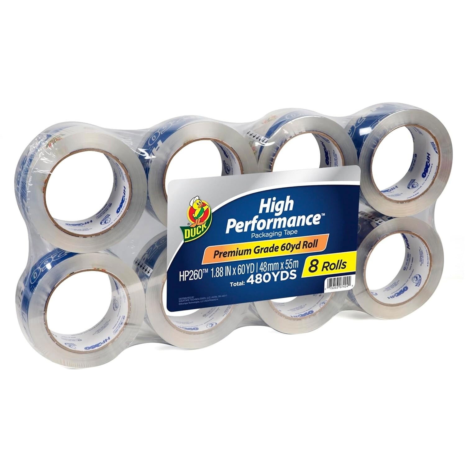 Duck HP260 Packaging Tape, Clear, 3.1 Mil, 1.88″ x 60 Yd., Pack of 8 Rolls