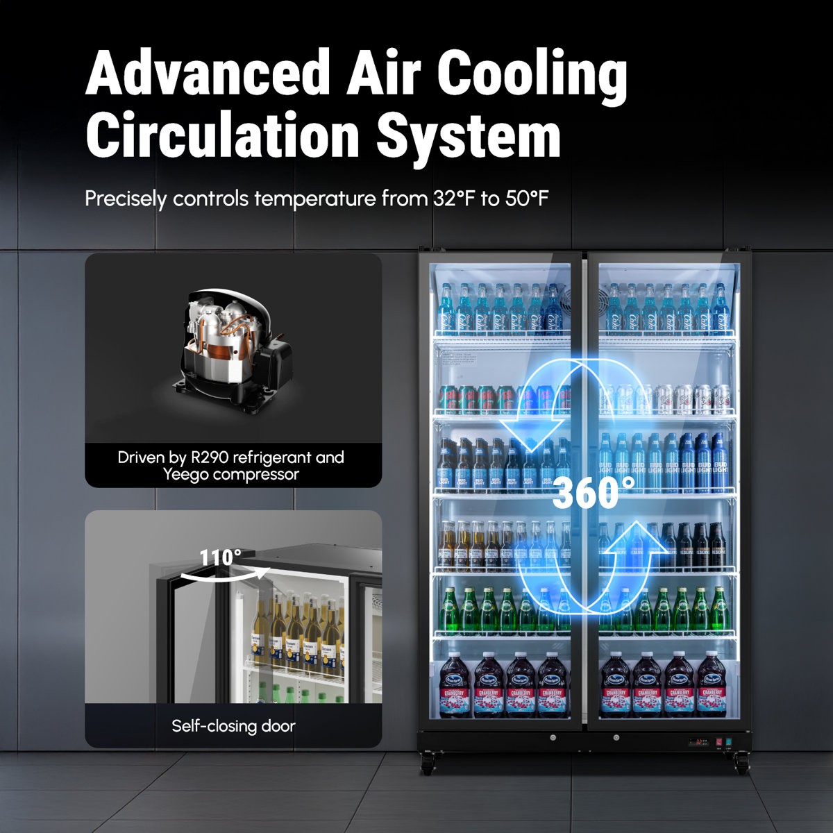 Yeego Commercial Drink Fridge Double-layer Glass Door Merchandiser Soda Beverage