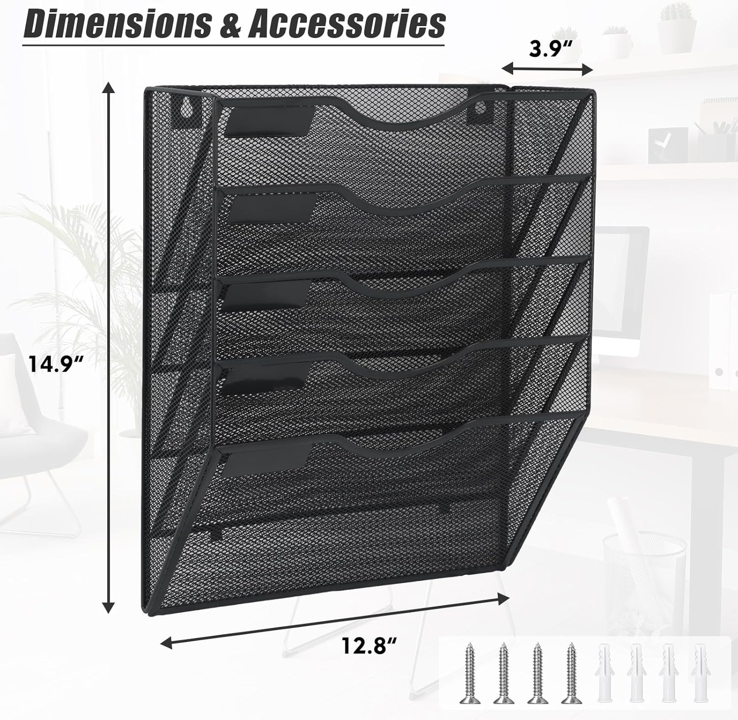 Wall File Organizer 5 Pocket Mesh Hanging Mail Holder Document Folder Rack Black