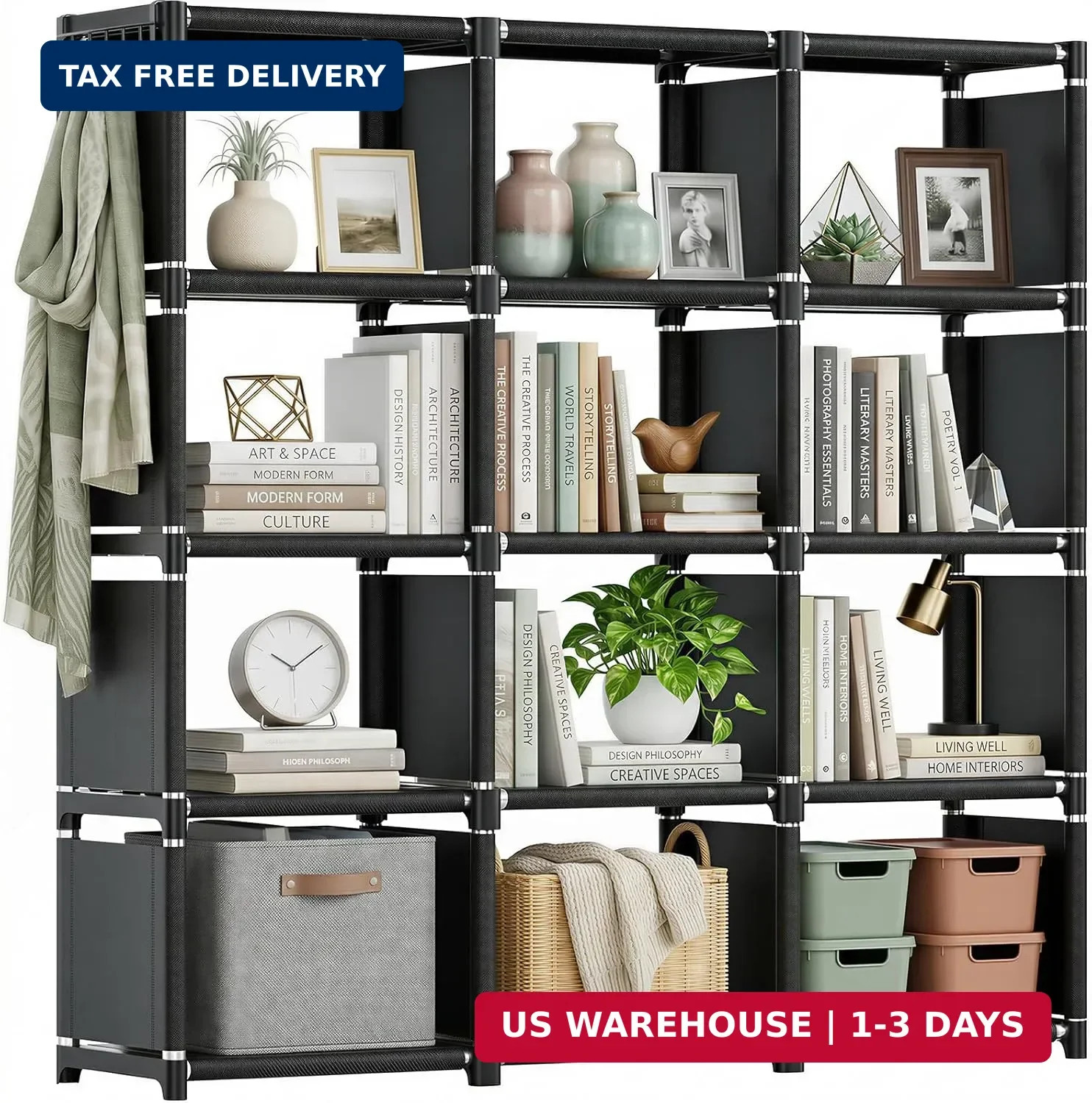 Mavivegue Book Shelf, 12 Cube Storage Organizer, DIY Bookcase, 12-Grid, Black
