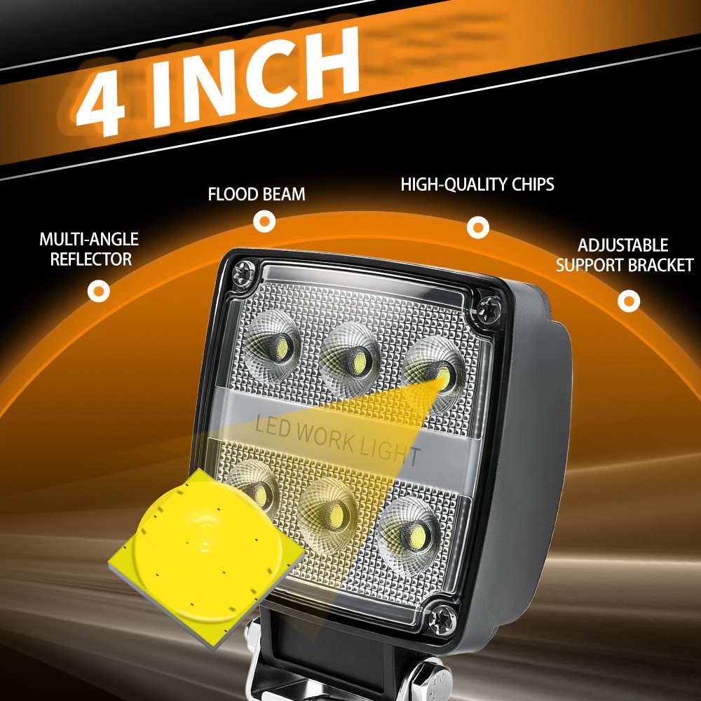 2PCS Square LED Work Light Pods 4 Inch Flood Light Truck Offroad Tractor 12V 24V
