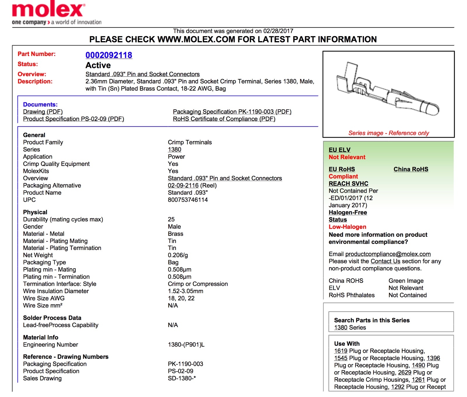 Molex 6 Pin Connector 14A w/18-22 AWG .093″ Pins, Panel Mount (2 Match Set)
