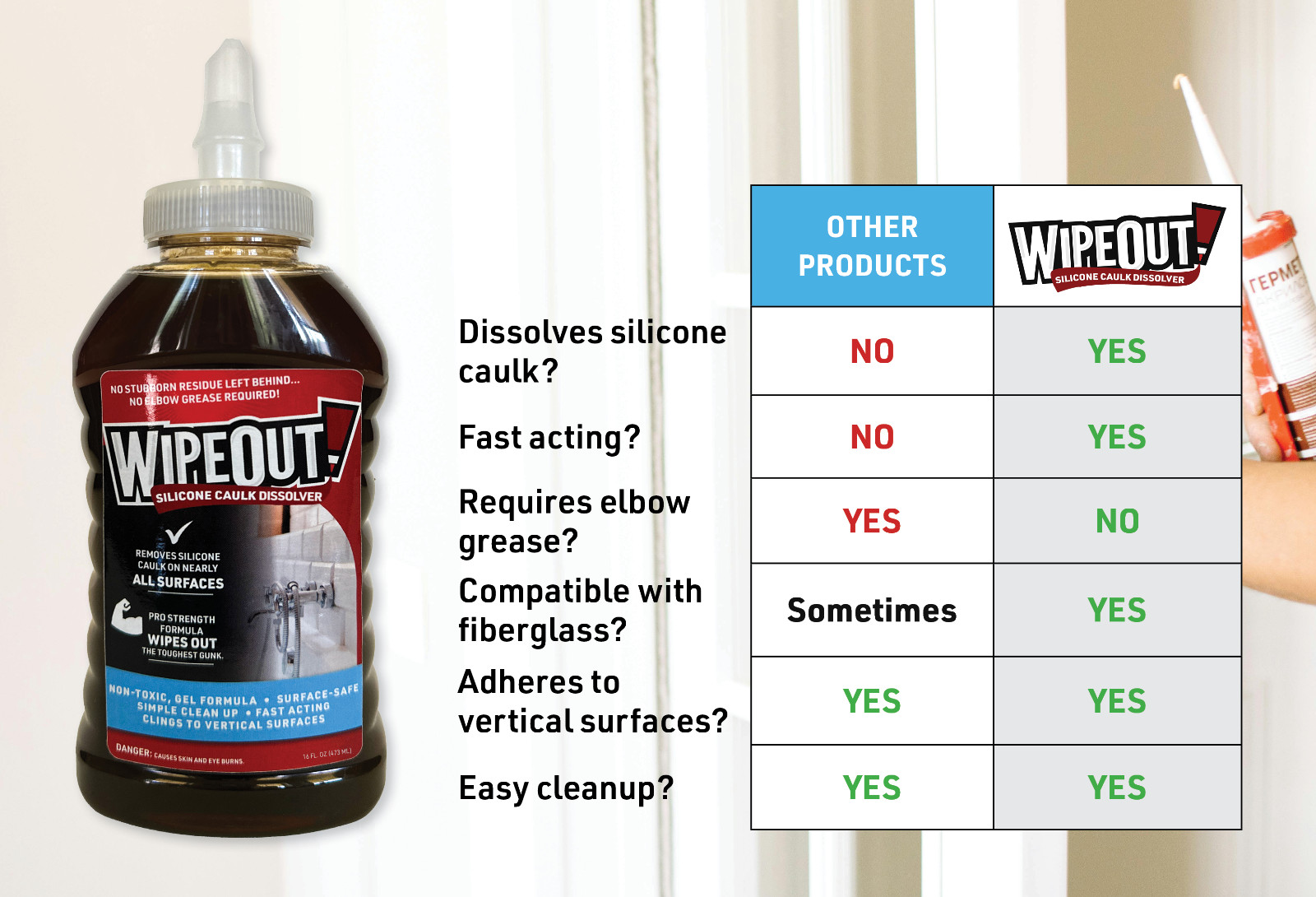 WipeOut! Silicone Caulk Dissolver, 16 oz, caulk remover, works in 15 min