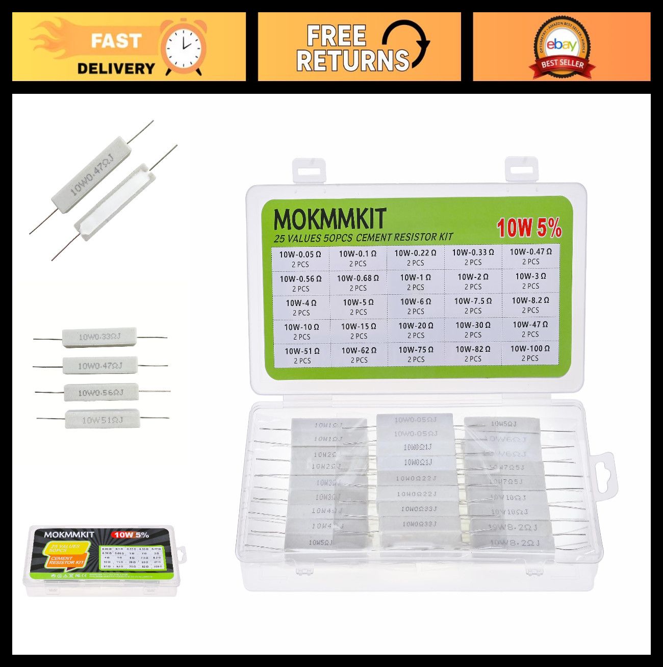 25 Values 50 Pieces Ceramic Cement Resistor Kit 10W ±5% Power Resistors 0.05-100