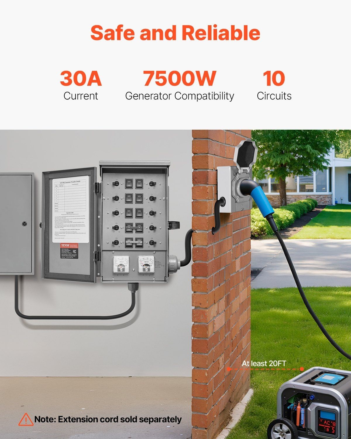 Manual Generator Transfer Switch: 30A, 10-Circuit, Pre-Wired, NEMA 3R Rated