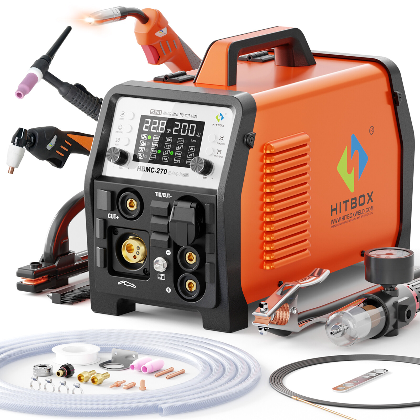 6in1 Plasma Cutter 200A Spot Gas Gasless-MIG MMA HF-TIG Welding Machine for ALU