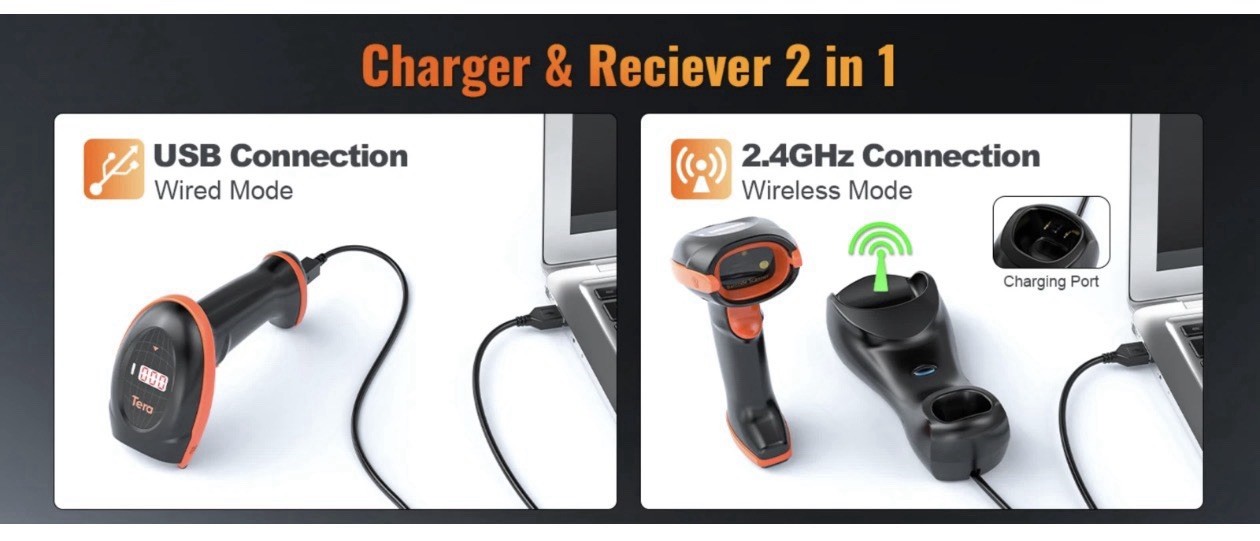 Tera Pro Series Wireless 1D 2D QR Barcode Scanner with Cradle Display HW0008