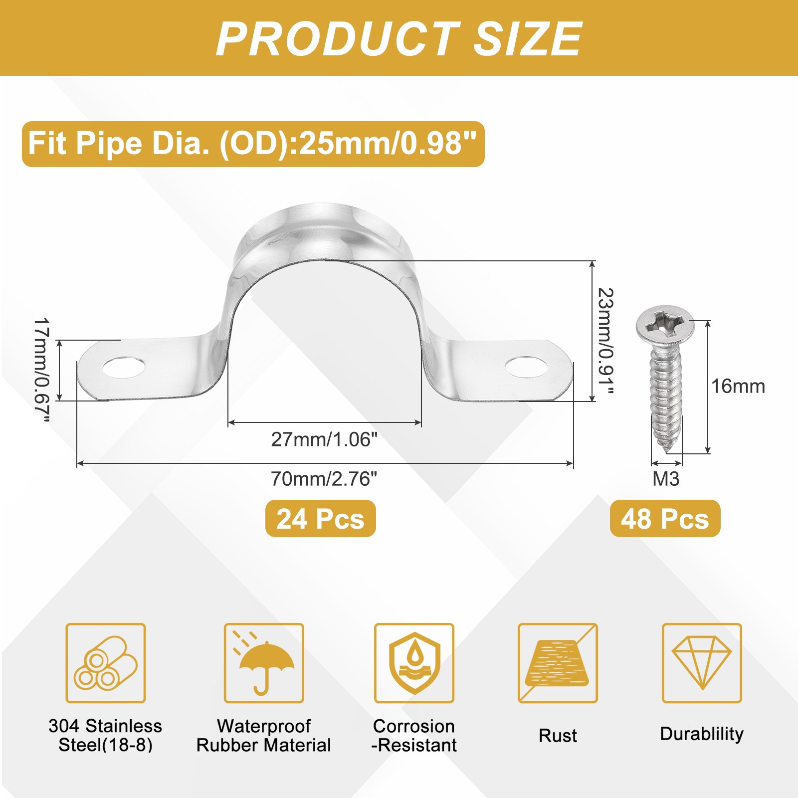 24Pcs 25mm(1″)304 Stainless Steel Rigid Pipe Strap with Screws, Silver