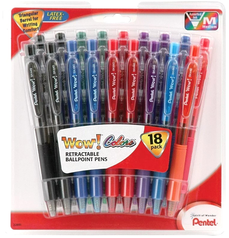 NEW 18-Pack Pentel WOW! COLORS Colored Ink Retractable Ballpoint Pens Medium 1.0