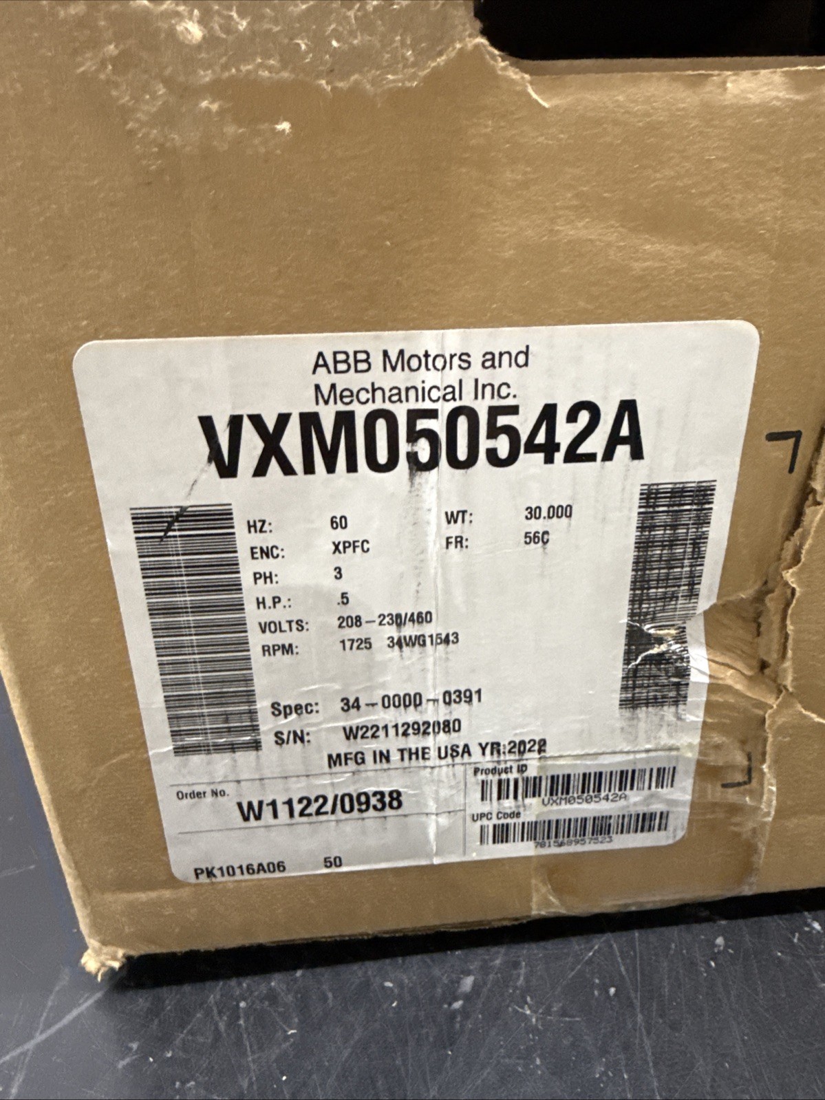 Baldor ABB .5 HP MOTOR, VMX050542A, 208-230/460V, 1725 RPM, 56C, 3 PH