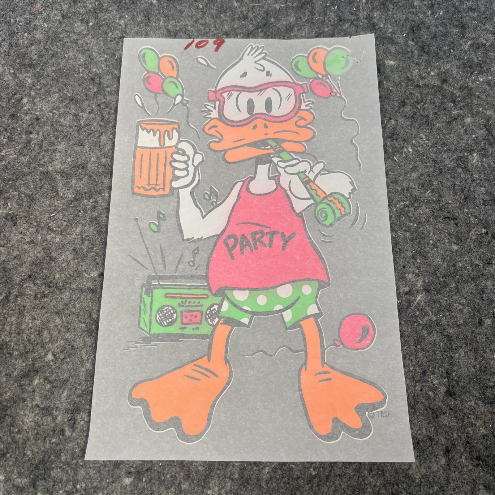 VTG Original 1980’s Neon Party Duck Beer Balloons Boombox Iron On Transfer 12″H