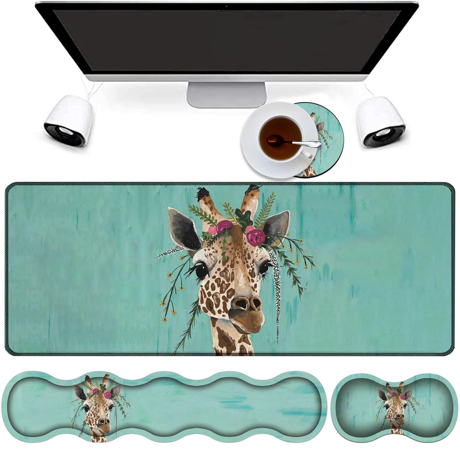 4 in 1 Mouse Pad Combo, Large Gaming Large, Giraffe With Floral Headgear