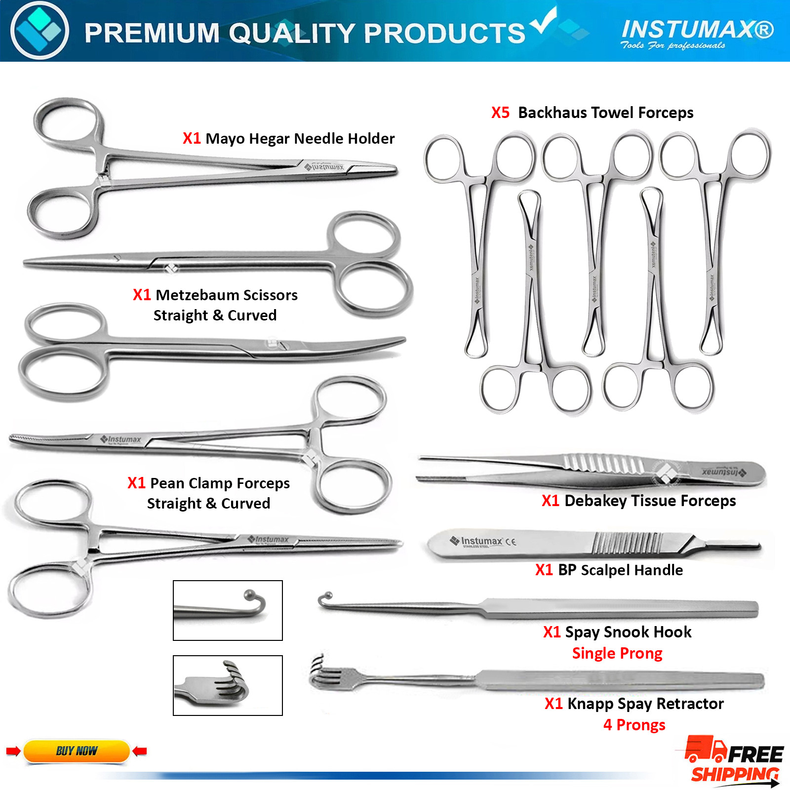 13Pcs Feline Spay Pack Veterinary Surgical Instruments Kit for Cat & Bitch Spay