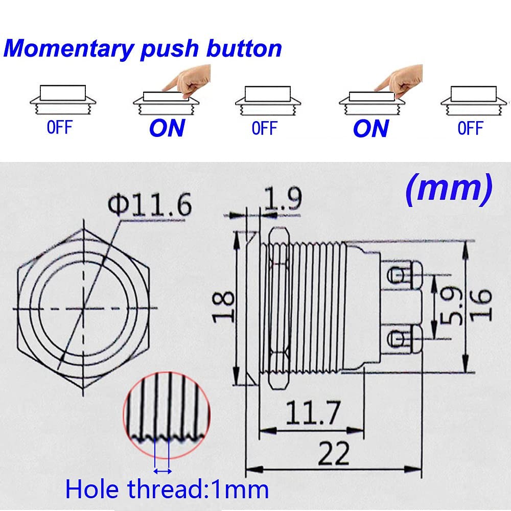 Metal Boat Horn Momentary Push Button 12mm Stainless Steel Starter Switch 5Pcs