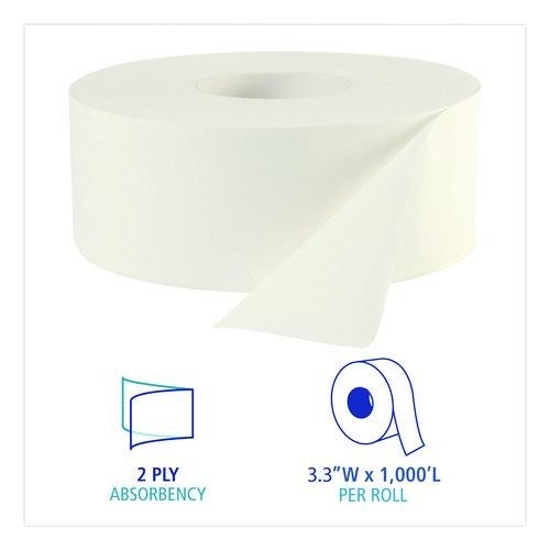 Boardwalk JRT Jumbo Roll Bathroom Tissue, 2-Ply, 3.3 » x 1,000 ft, 12 Rolls/CT