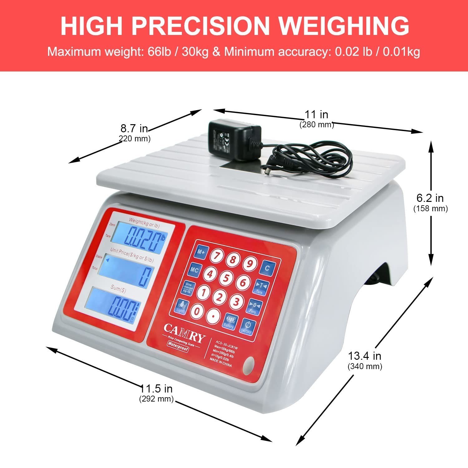 CAMRY Waterproof Commercial Food Scale IPX7 66lb / 30kg Digital Price Computi…