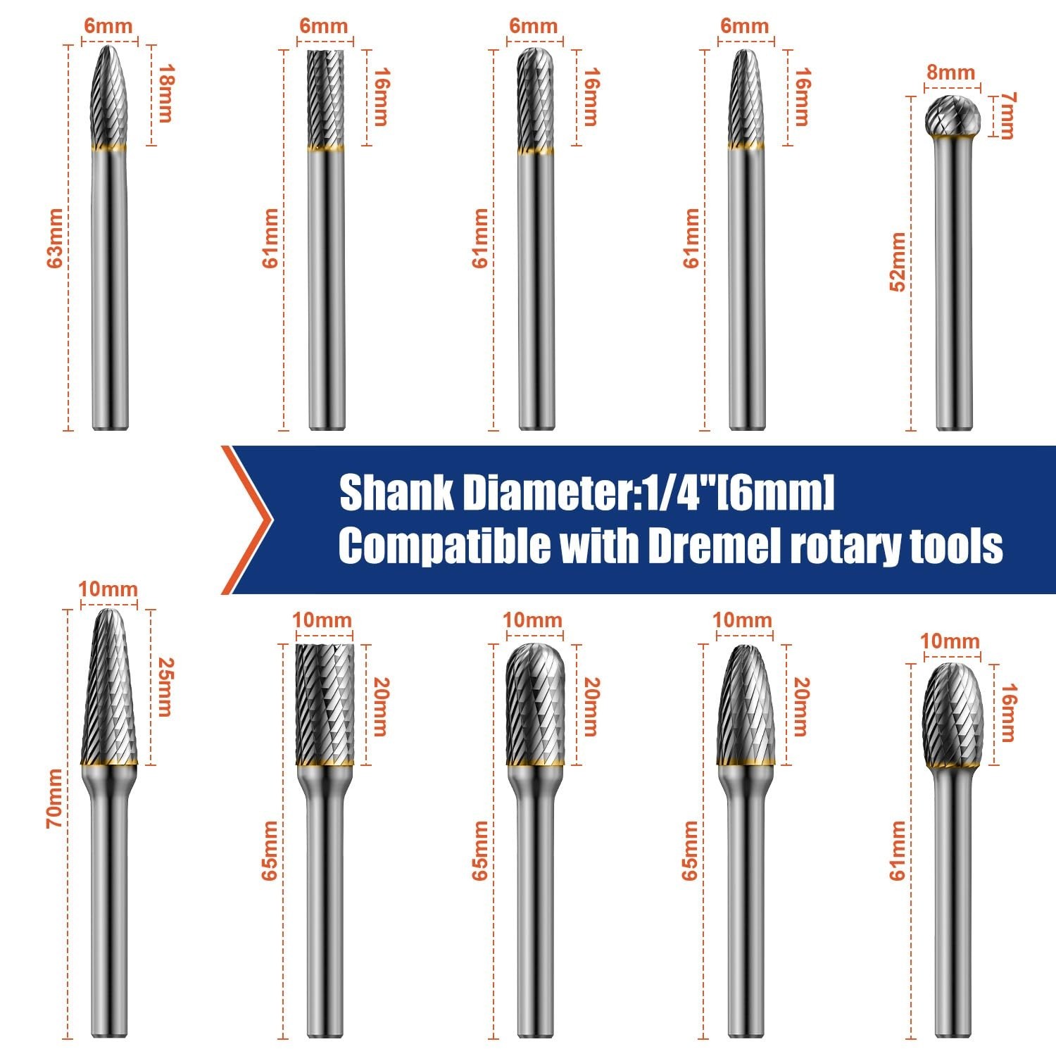 10Pcs Die Grinder Bits W/ 1/4″ Shank, Tungsten Carbide Burr Set for Metal Steel