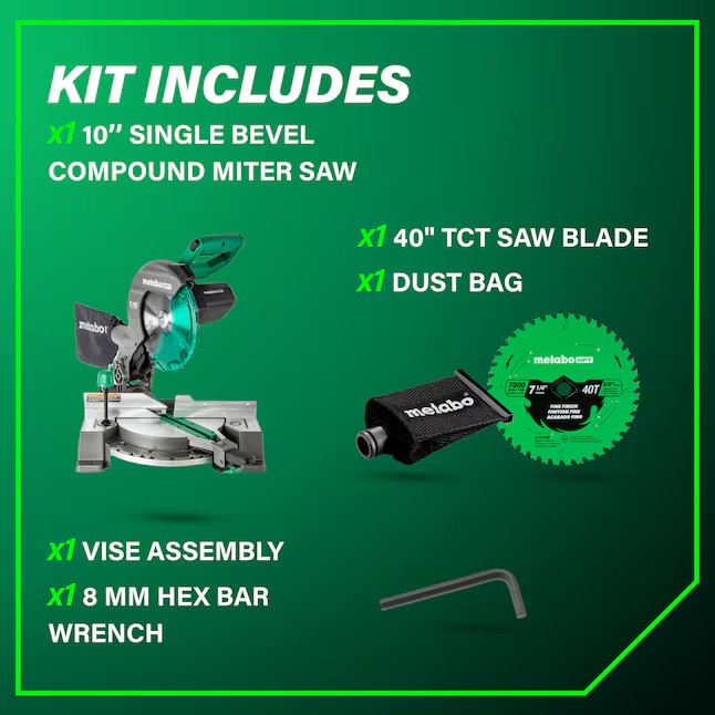 Metabo HPT 10″ 15-Amp Single Bevel Compound Corded Miter Saw C10FCG2 – NEW