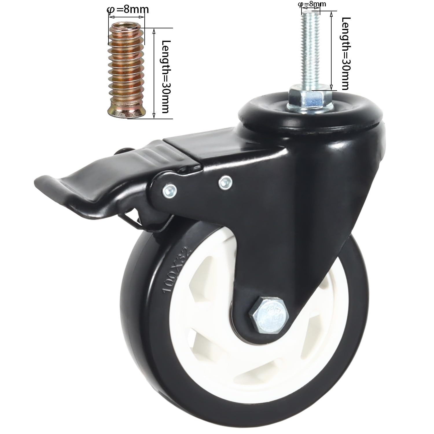 DICASAL 4 Inch Metric Stem Casters, M8*30 Stem Diameter 8mm, Length 30mm Heav…