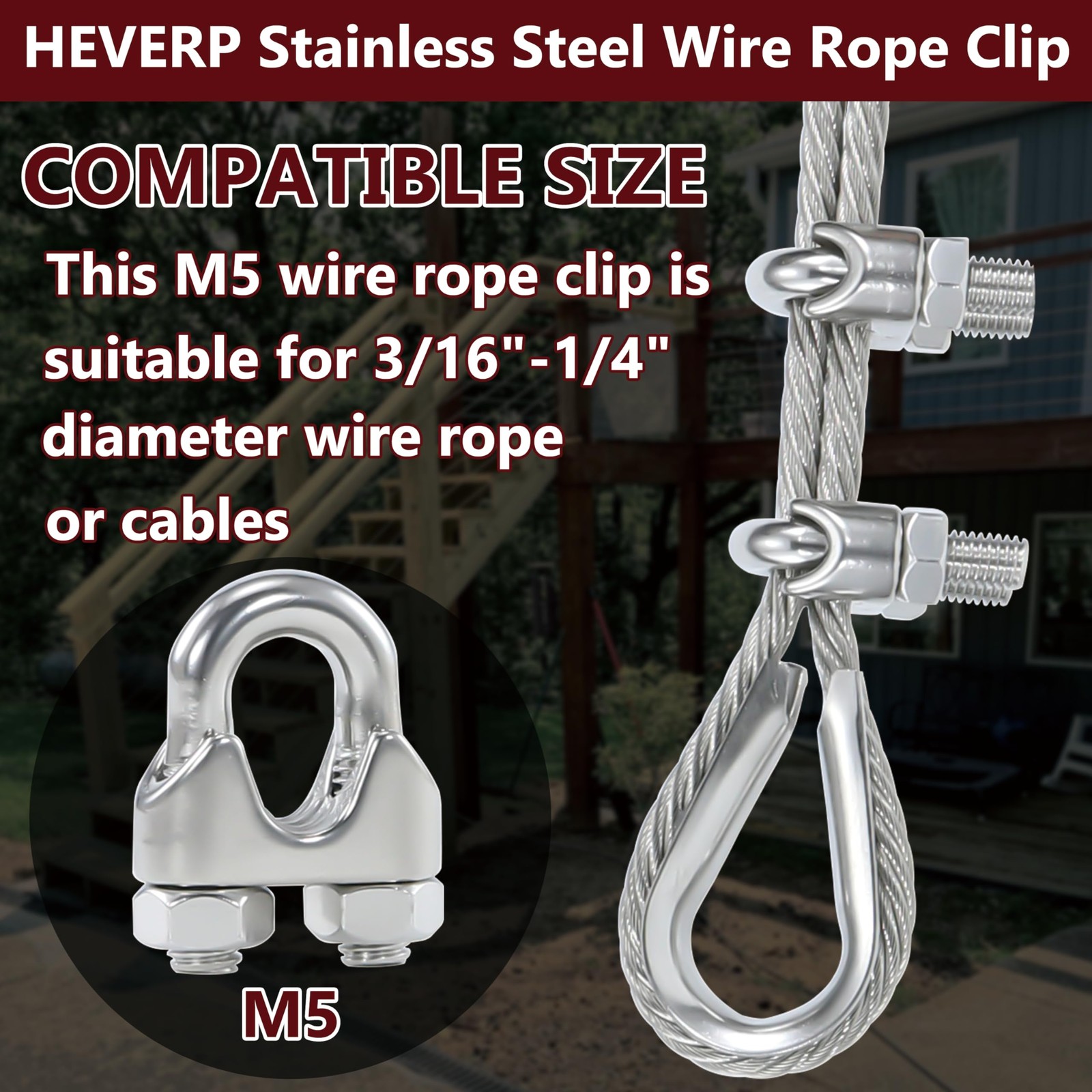 20PCS 3/16 to 1/4 Inches M5 Stainless Steel Wire Rope Cable Clip Clamp