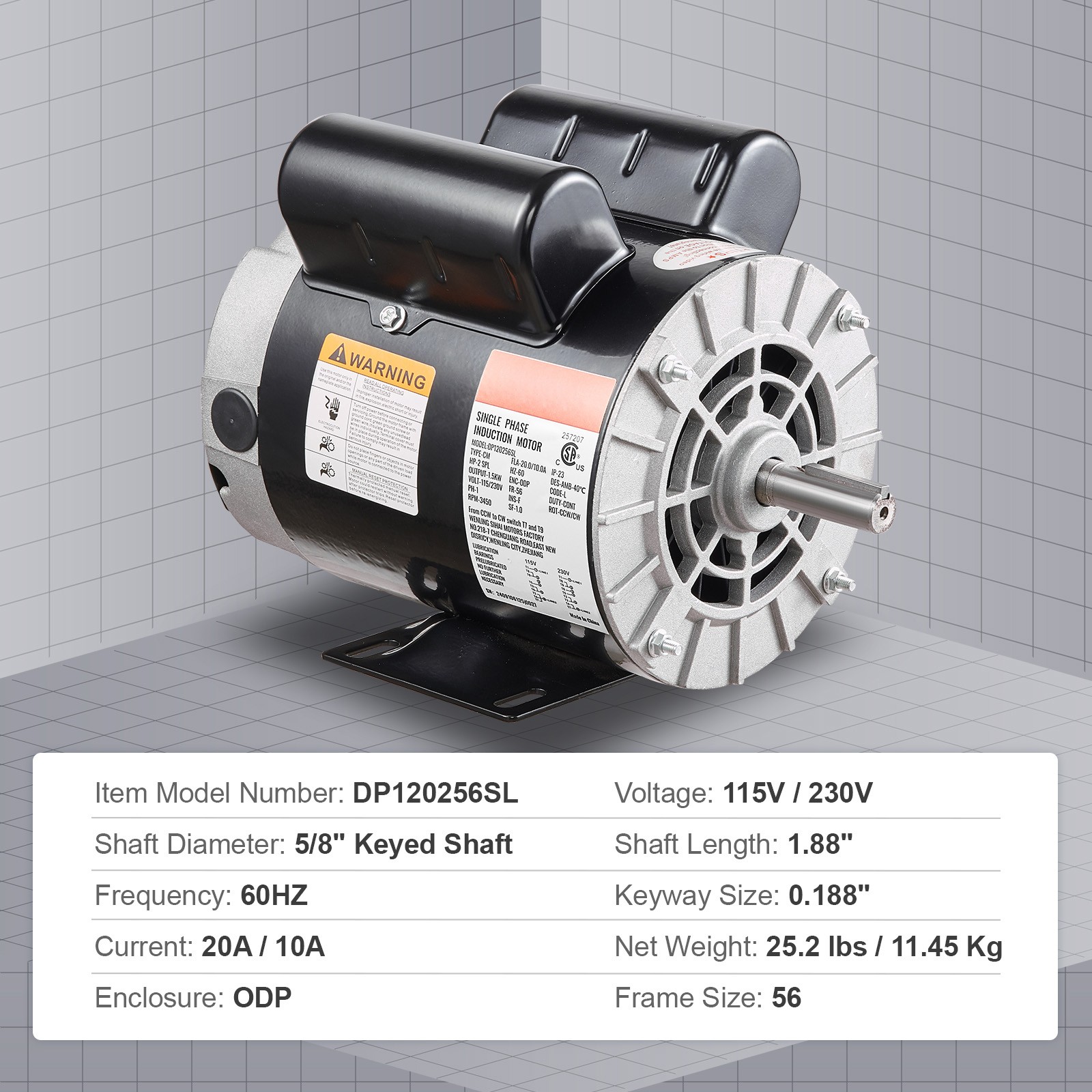 2HP SPL Air Compressor Motor 115/230V 20/10A 3450RPM 56 Frame CW/CCW Rotation