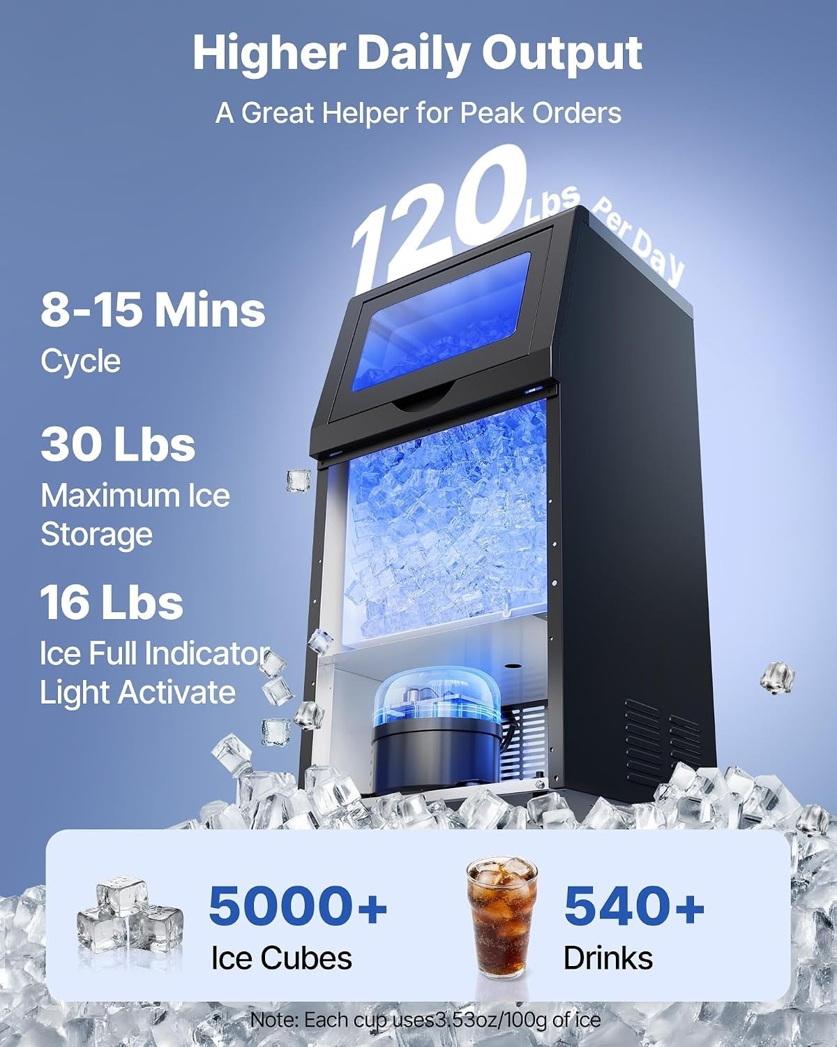 Efficient Ice Production: 120 lbs Per Day Ice Maker with 30 lbs Storage Capacity