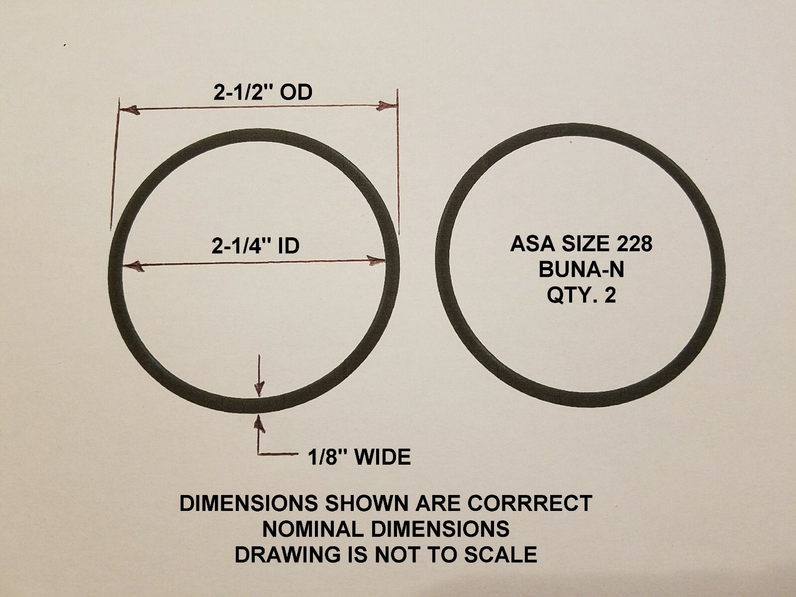 O-ring Size 228, 2-1/4″ ID x 2-1/2″ OD x 1/8″ thick. Buna-N. Qty 2. Brand New.