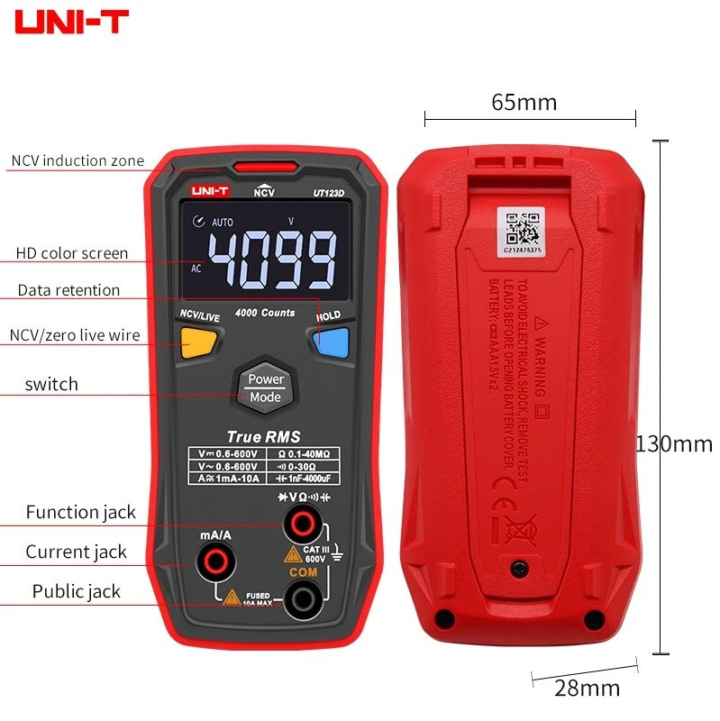 UT123D Digital Multimeter, Smart, True Rms, CAT III 600V, 4000 counts
