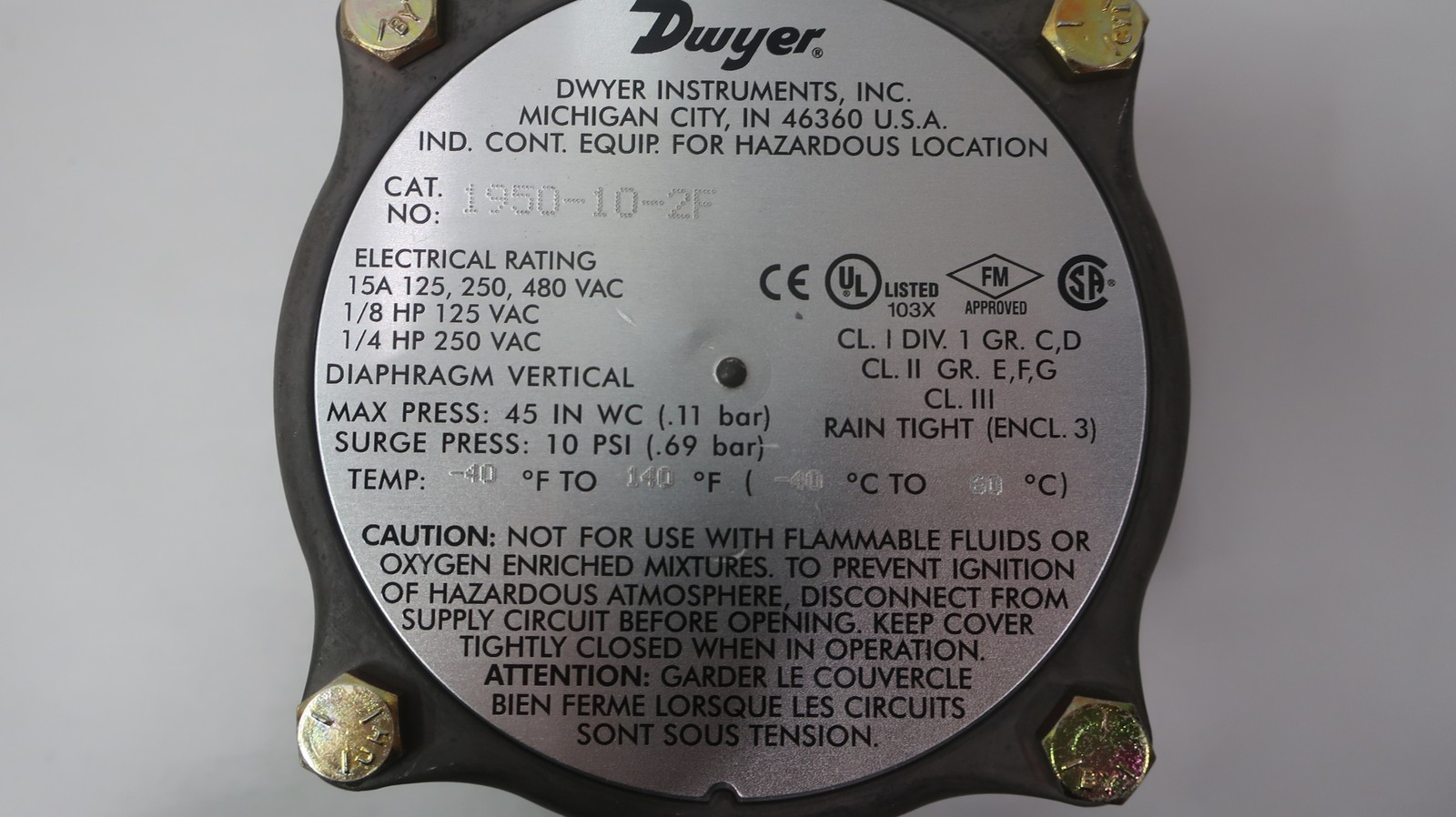 Dwyer 1950-10-2F Pressure Switch 125/250/480v-ac 45in-h2o 1/8in
