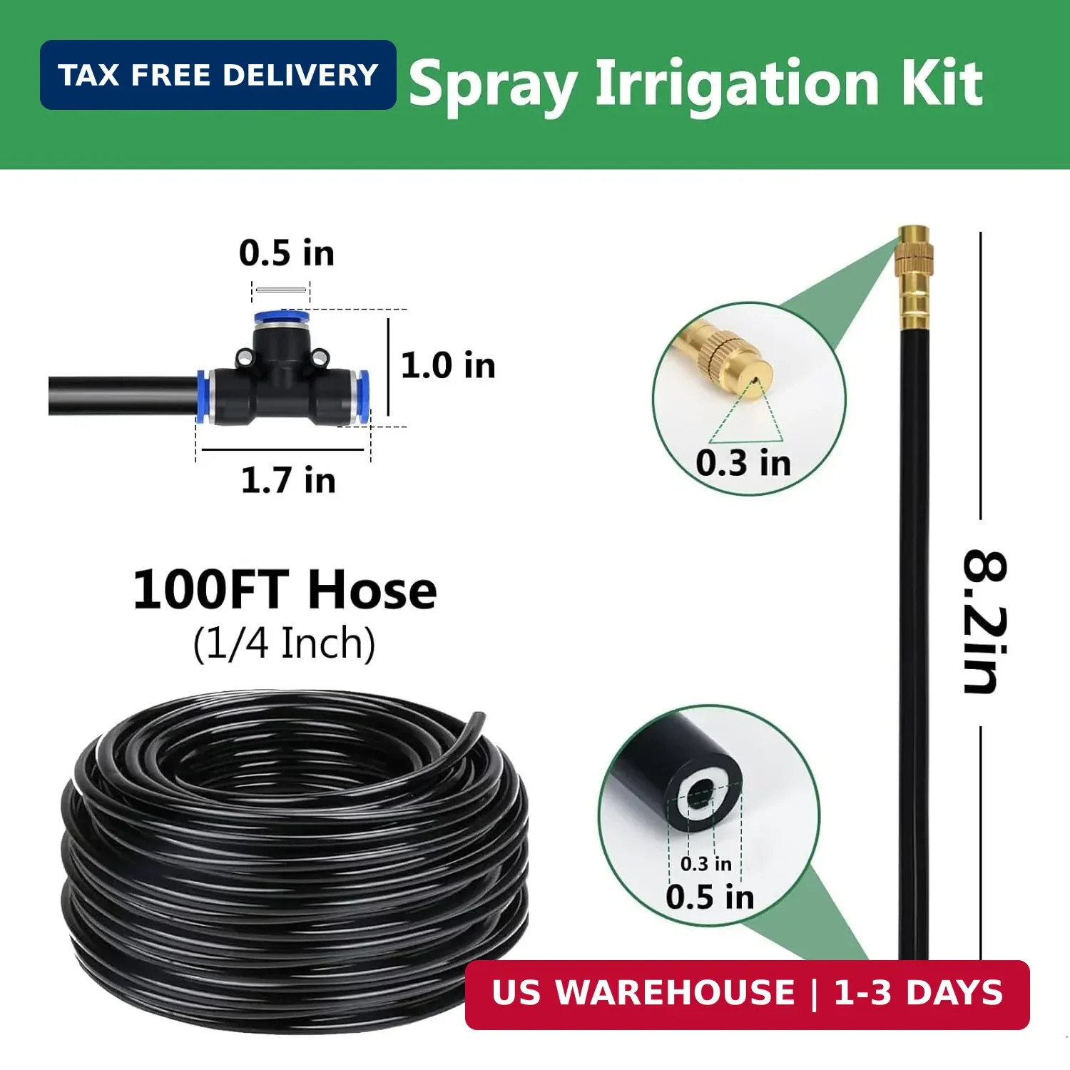 100FT Drip Irrigation System, 1/4 Inch Hose with 360° Adjustable Copper Nozzles