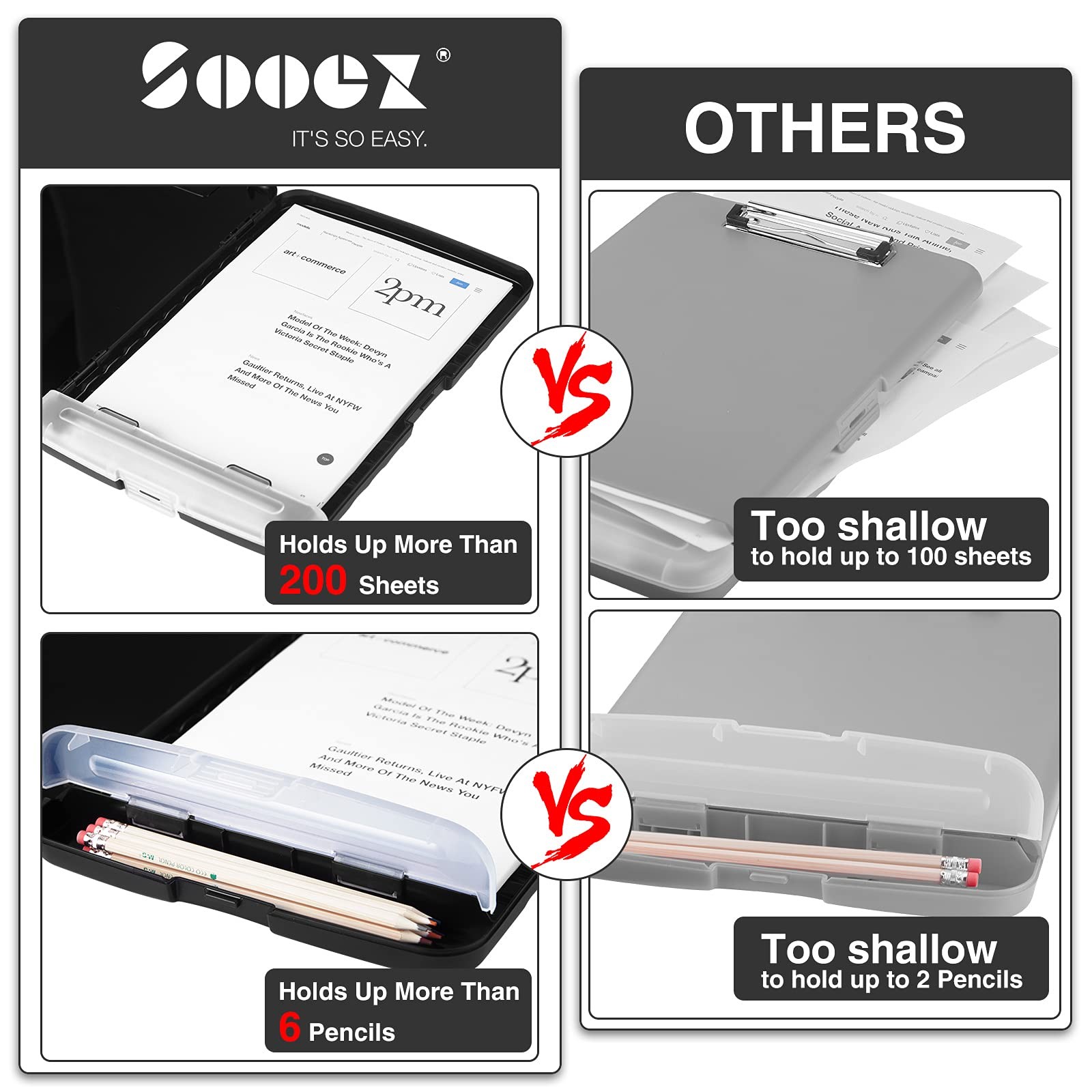 Sooez Clipboard with Storage, Clip Board 8.5 10″W x 1-1/4″D x 14-1/2″H, Black