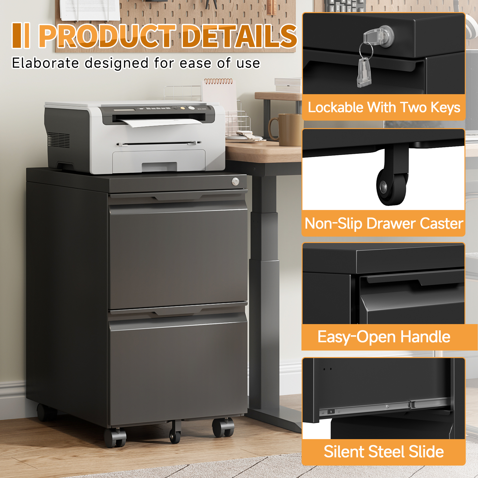 2 Drawer Mobile File Cabinet, Under Desk Storage Cabinet With Lock Office Filing