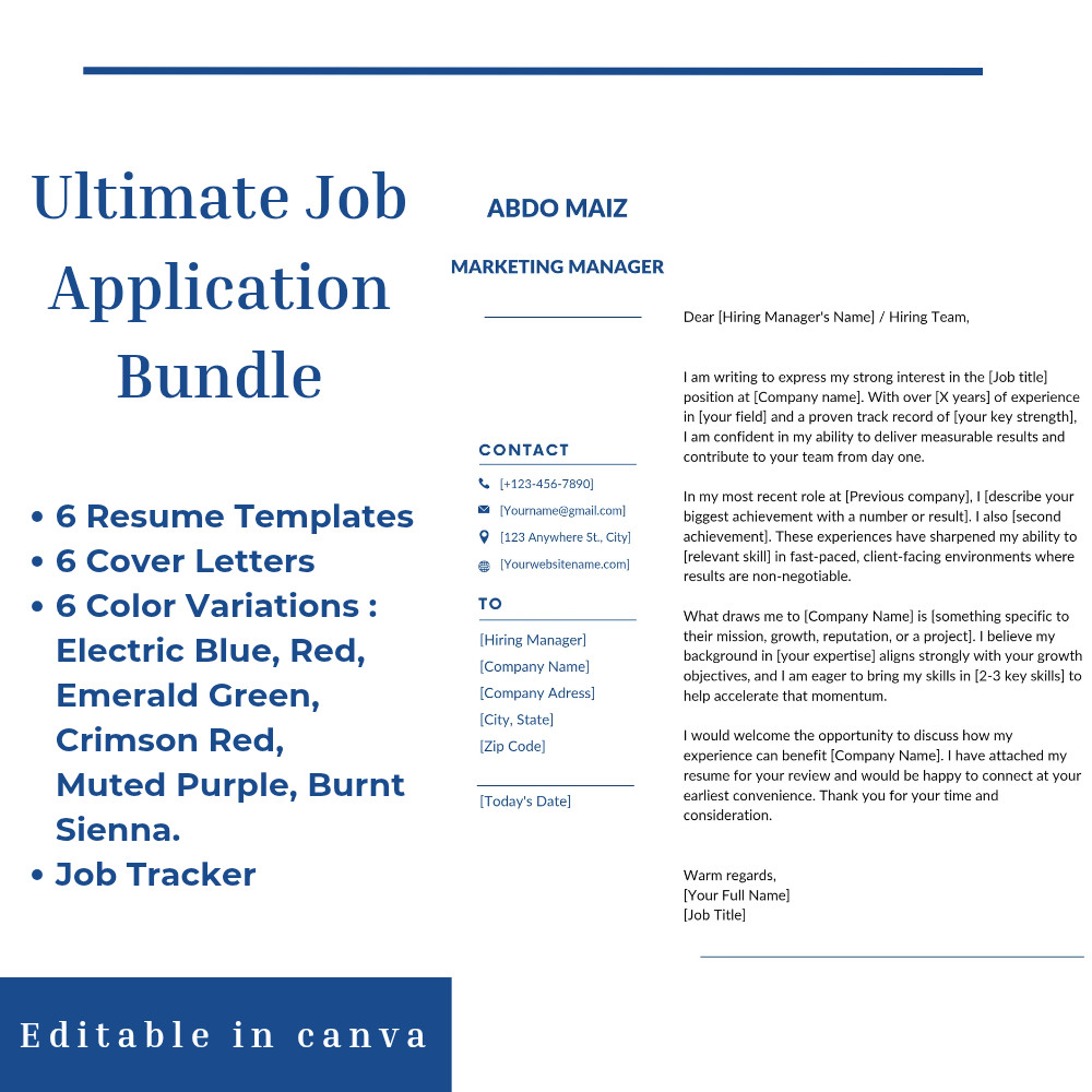 6x Resume Template Bundle Matching Cover Letter Job Tracker Spreadsheet Canva CV