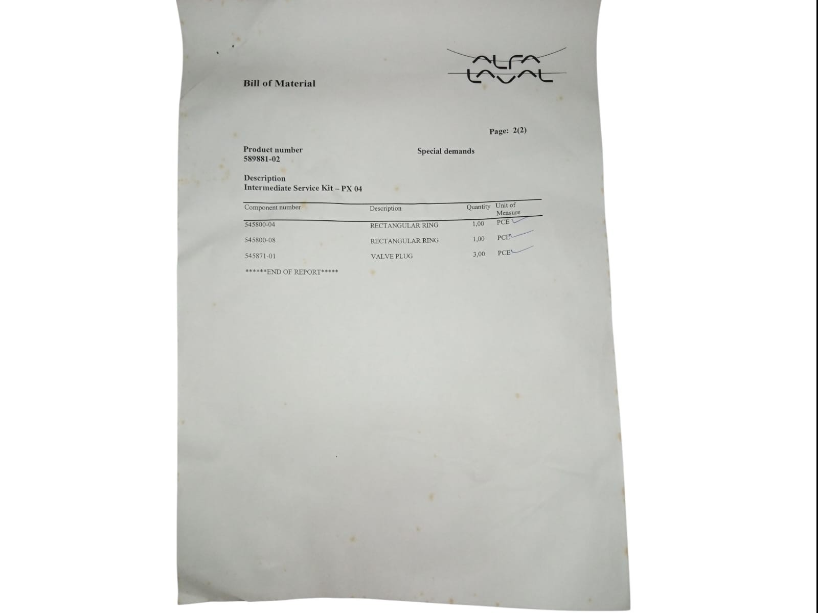 New Alfa Laval 589881-02 Intermediate Service Kit PX-04 Quantity Available