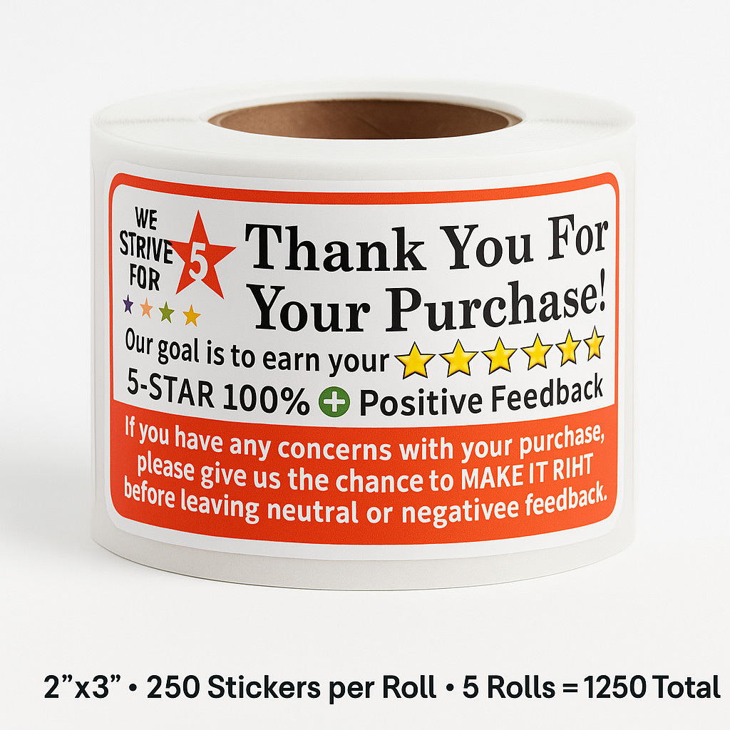 5 Rolls Thank You for Your Purchase Stickers 2″x3″ 250/Roll (1250)
