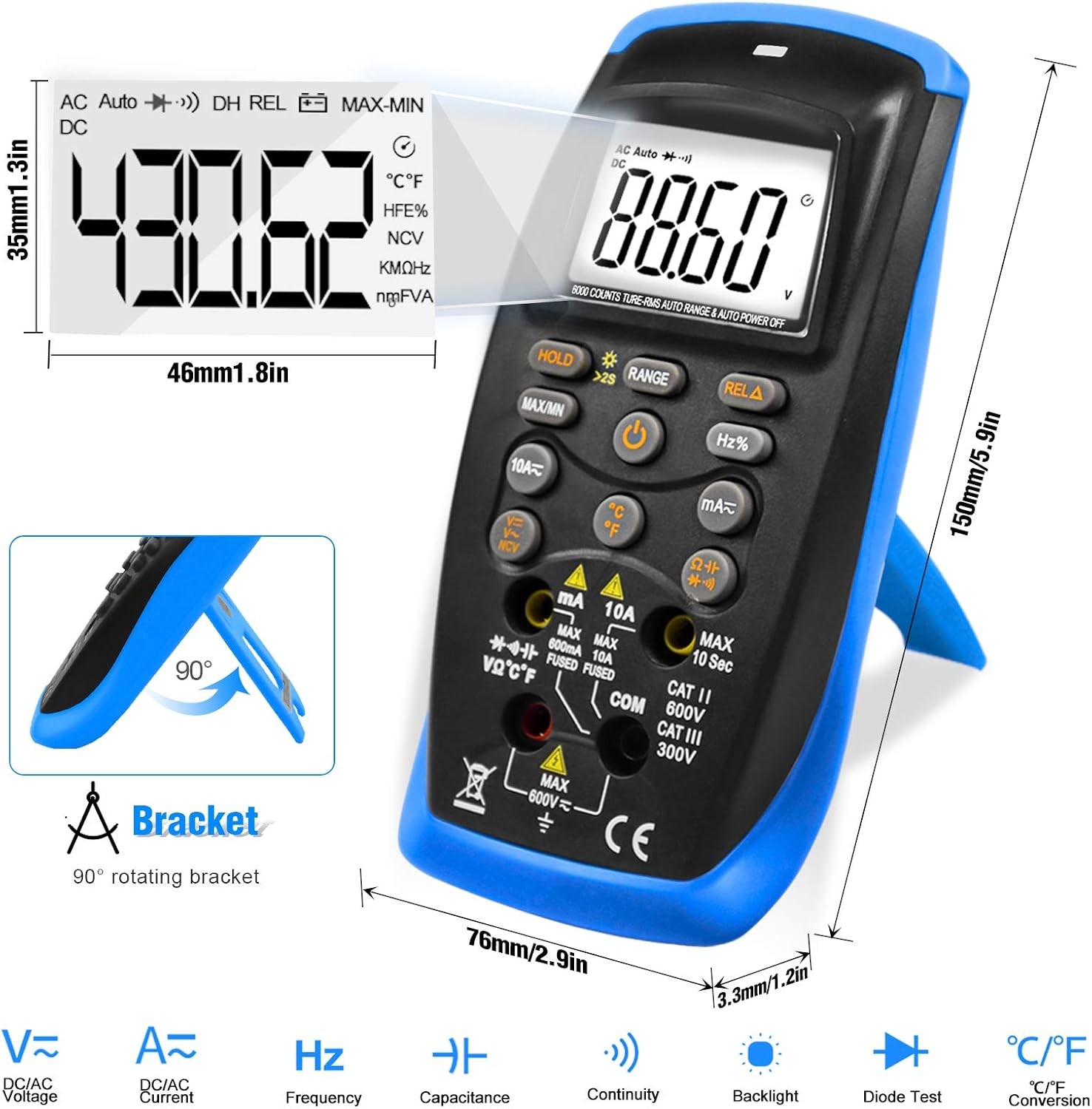 Digital Multimeter 6000C TRMS 600V 10A 60MΩ 200kHz Auto-Range NCV Data Hold