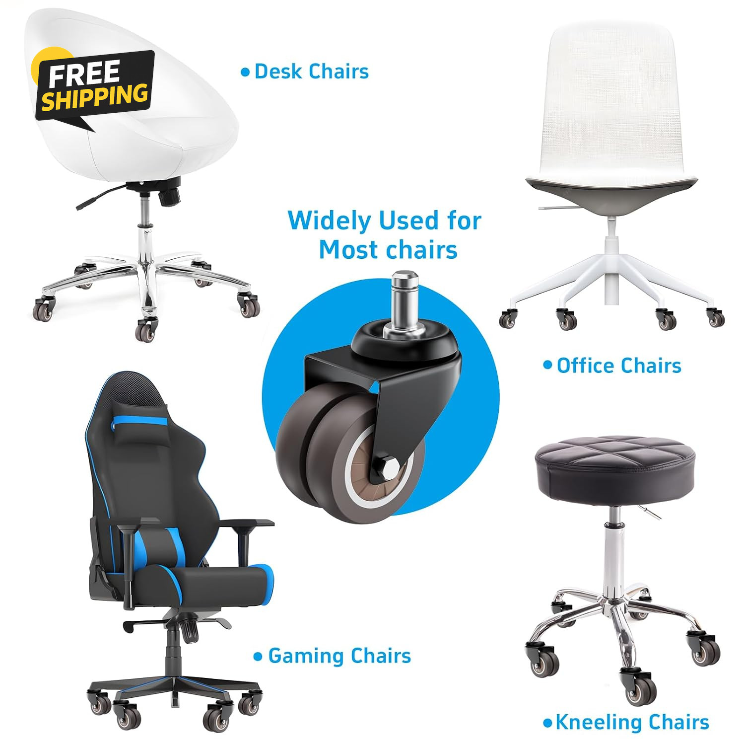 2 Inch Low Profile Office Chair Casters 650 Lbs, Dual-Wheel TPR Rubber Wheels