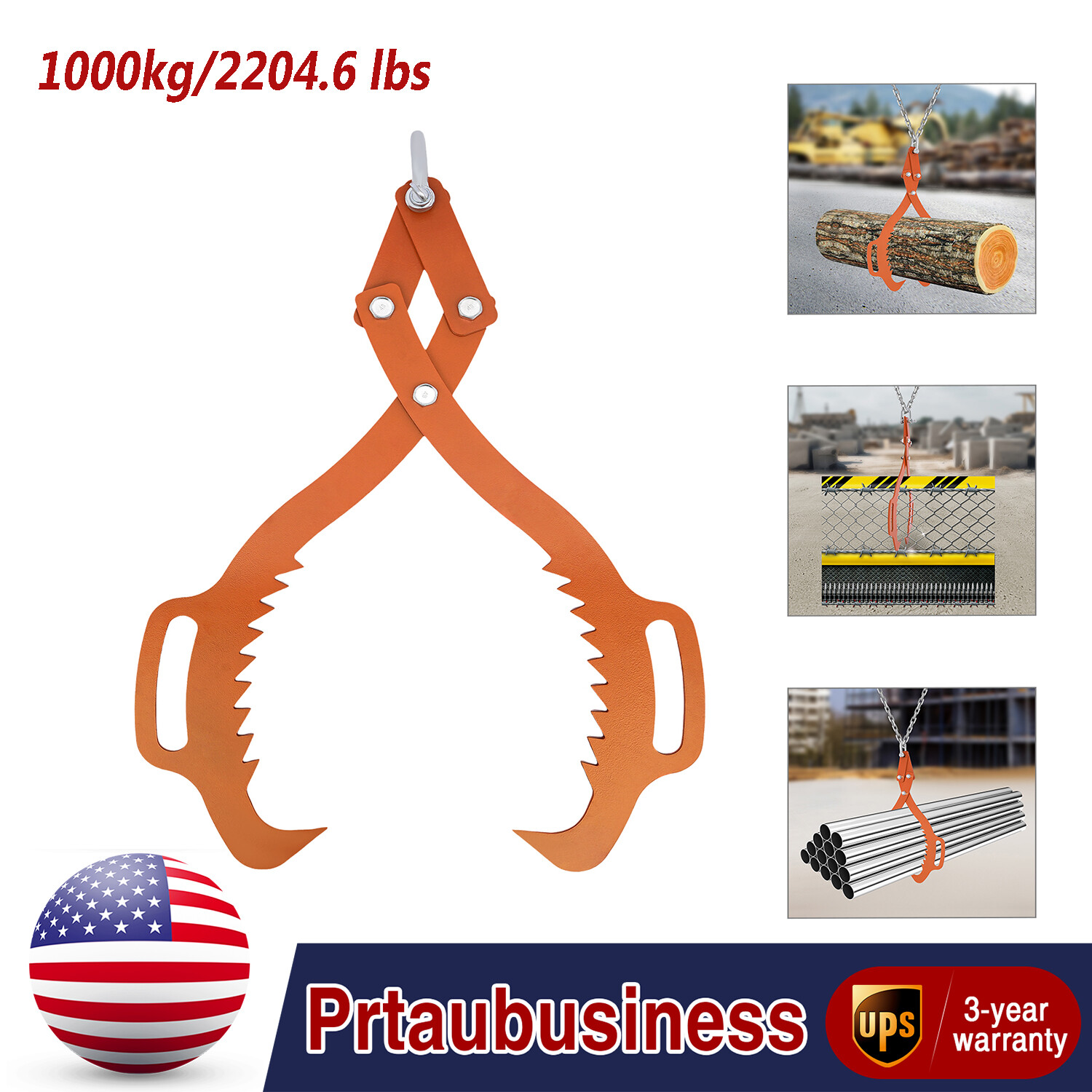 25 in Claw Hook Log Lifting Tongs Heavy Duty Grapple Timber Claw 1000kg/2200lbs