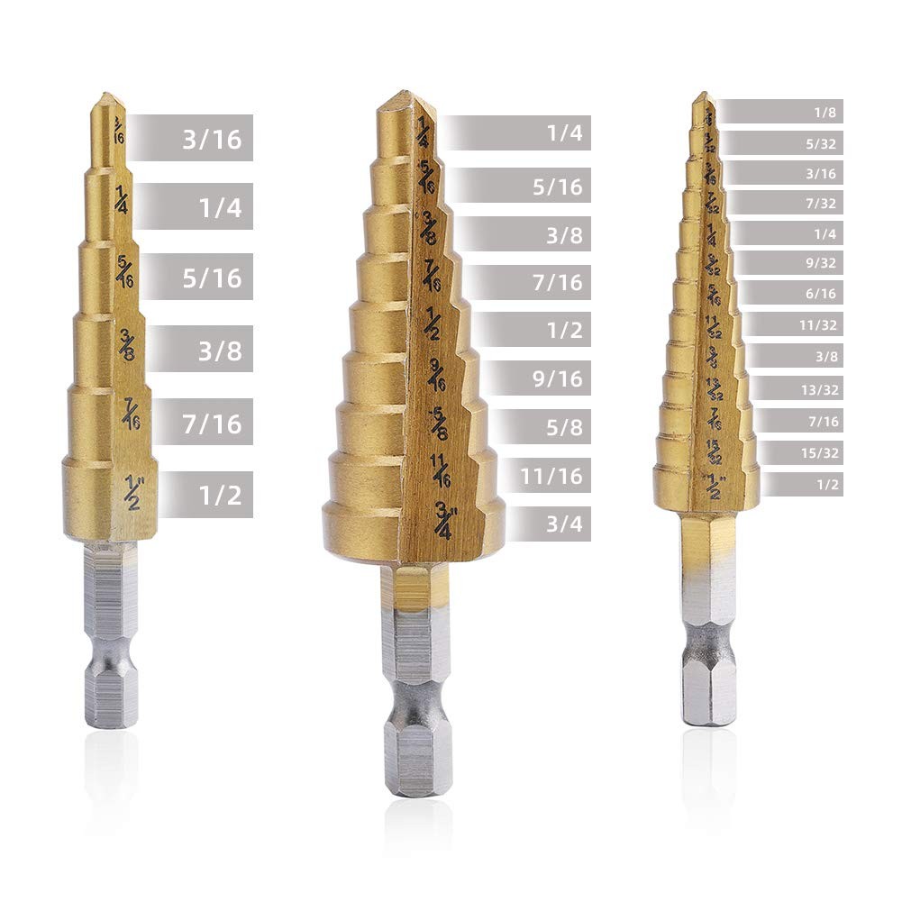Aleric Step Drill Bit Set – Titanium Coated, High Speed Steel 0.5 inches