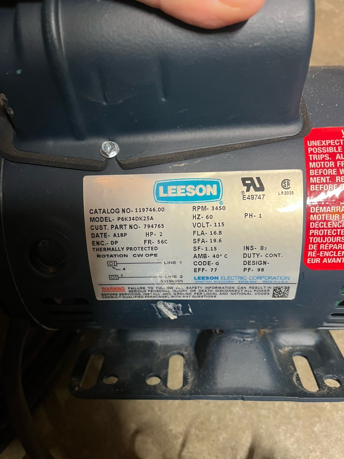 Lesson 2 HP NorthStar Pressure Washer Motor #P6K34DK25A #794765