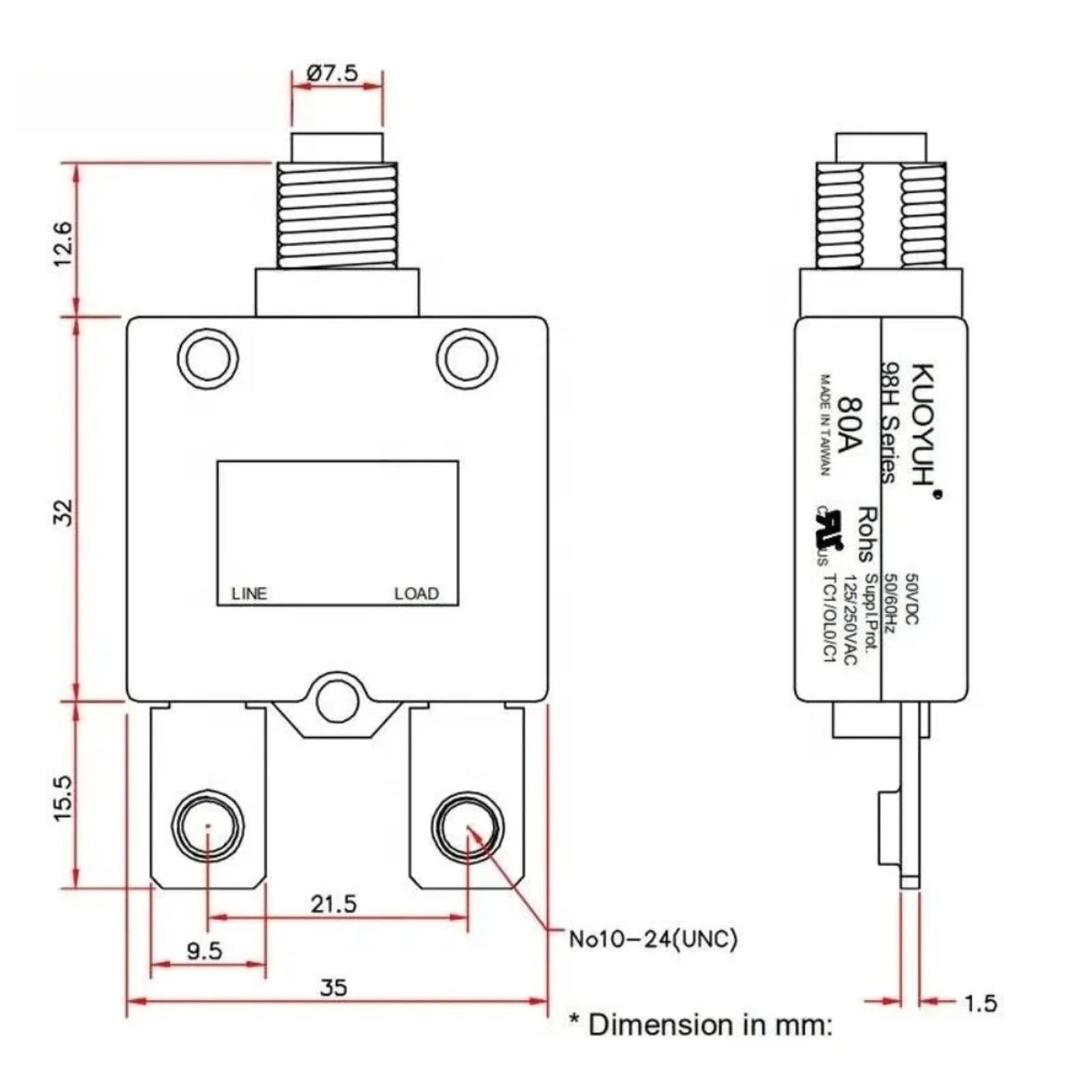 Universal 10 Amp Push Button Thermal Circuit Breaker 12-50V DC 125-250V Volt