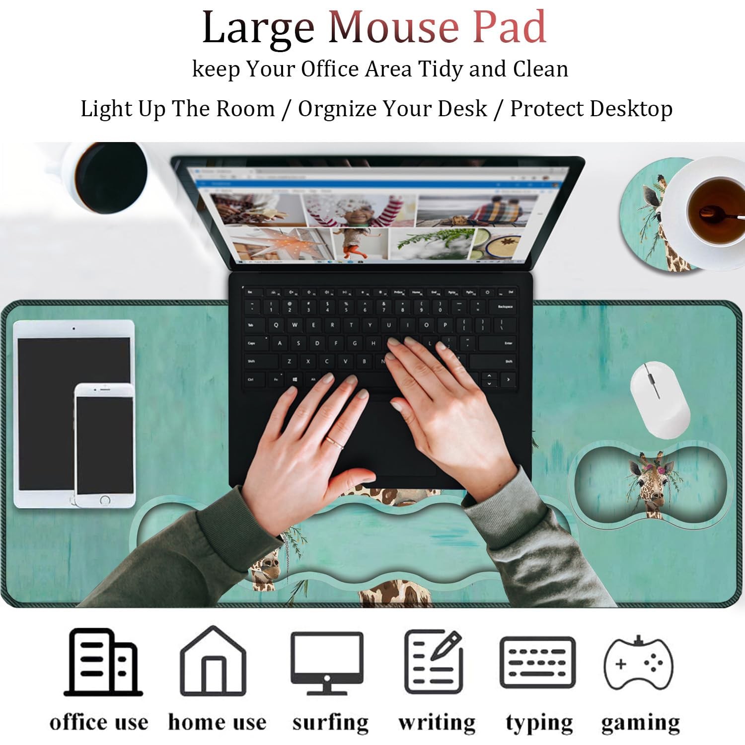 4 in 1 Mouse Pad Combo, Large Gaming Large, Giraffe With Floral Headgear
