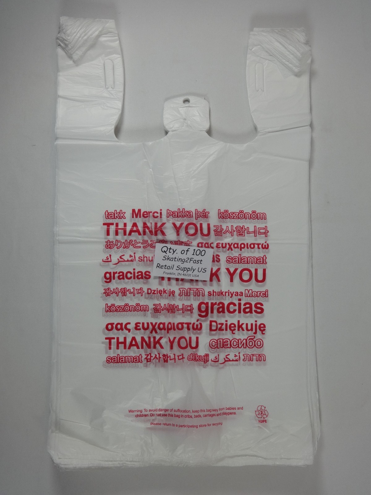 Multi Language THANK YOU T-Shirt Bags 11.5″ x 6″ x 20.5″ Plastic Retail Shopping