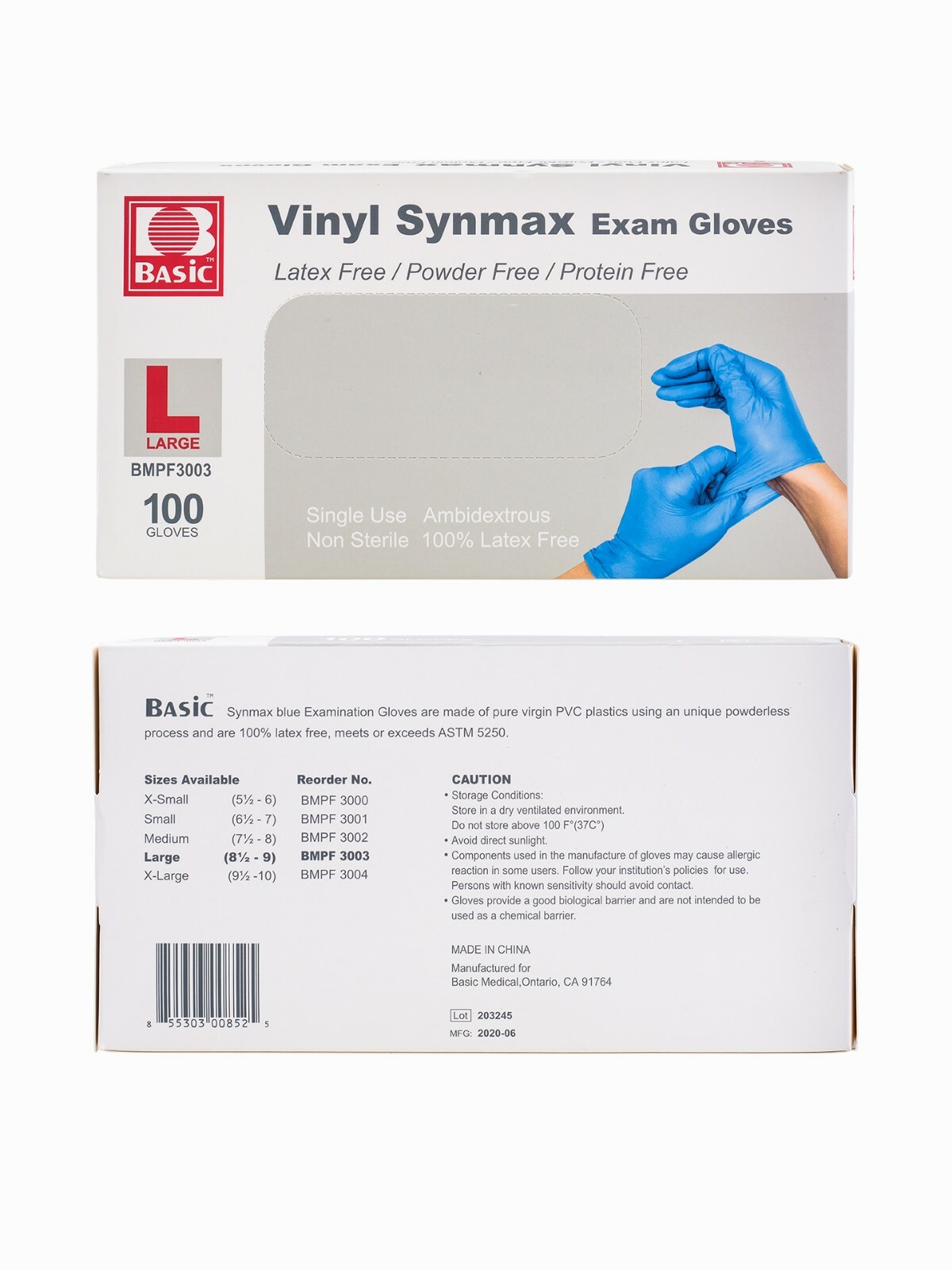 Basic Vinyl Synmax Exam Gloves LARGE Latex & Powder Free 100pcs/box