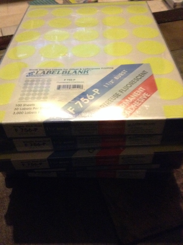 1 1/2″ chartreuse flourescent yellow circle burst labels, 3,000 total label, 100