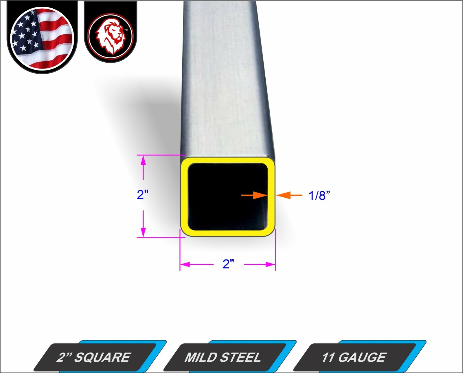 2″ Square Metal Tube – Mild Steel – 3/16 gauge – ERW – 12″ inch long (1-ft)